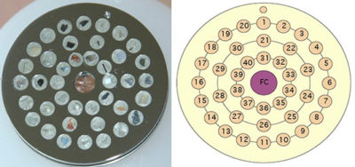 EM-Tec RXS-40MC standard di riferimento minerale, 40 minerali più F / C su pin Stub in acciaio inossidabile Ø 25,4 mm