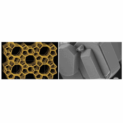 Immagine al SEM ad alta risoluzione del setaccio molecolare SBA-15, con pori esagonali e struttura a cordoncino.